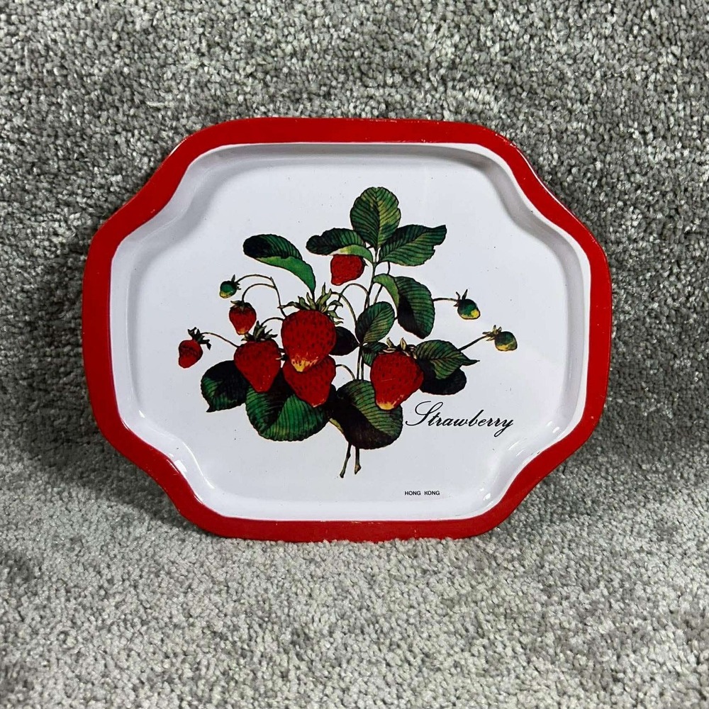 Vintage Strawberry Metal Tin Tray Collectible Strawberries Hong Kong 8x6